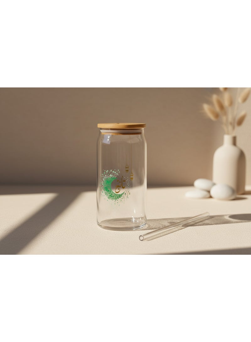 AKDC Ramadan Glass Tumbler with Straw and Lid, Glass Cup with Straw, 550 ML Capacity - Green - Image 2